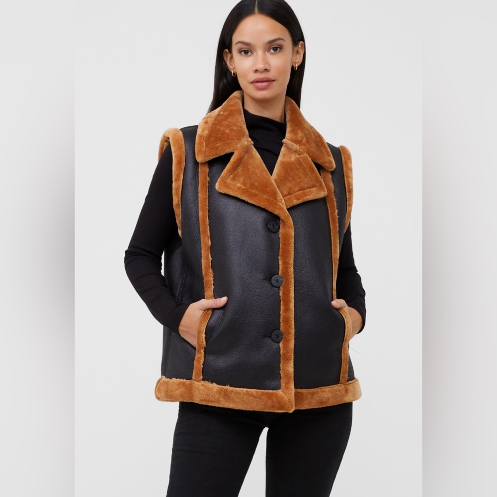 French Connection Women's Black and Brown Faux Fur Trim Vest